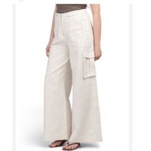 NWT Torn by Ronny Kobo oatmeal Cream Linen Bl Wide Leg Cargo Pants S M High Rise